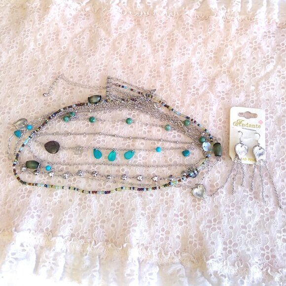 Vintage NEW Andante Handmade 7 Strand Teal Blue Beads Silver Necklace & Earrings - Picture 9 of 9